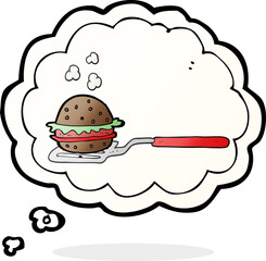 freehand drawn thought bubble cartoon spatula with burger