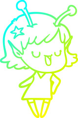 cold gradient line drawing of a happy alien girl cartoon laughing
