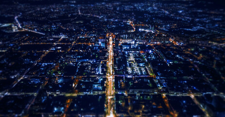 Night city with drone view - obrazy, fototapety, plakaty