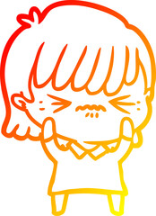 warm gradient line drawing of a annoyed cartoon girl