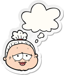 cartoon old lady with thought bubble as a printed sticker