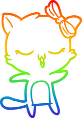 rainbow gradient line drawing of a cartoon cat with bow on head