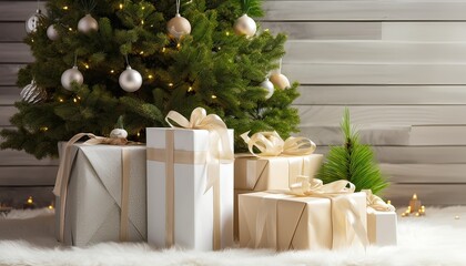New Year's composition gifts on the background of a Christmas tree, Christmas gifts in white and...