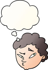 cartoon suspicious man with thought bubble in smooth gradient style