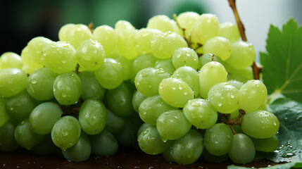 Fresh green grape fruit with water droplets on branch in soft dreamy bright atmosphere. Natural fruits surface.