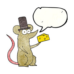 freehand speech bubble textured cartoon mouse with cheese
