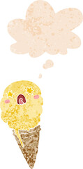 cartoon shocked ice cream with thought bubble in grunge distressed retro textured style