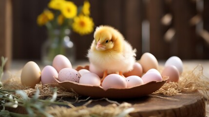 Easter composition on a spring background, chicken and colored eggs