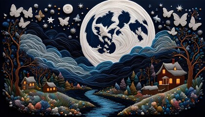 Beautiful Moon in the Sky Landscape Embroidery Art