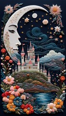 Fototapeta premium Beautiful Fairytale Castle Moon Sky Landscape Embroidery 