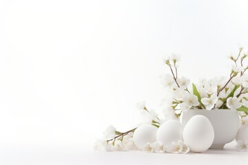 Minimalistic Easter background, white background eggs flowers plants grass