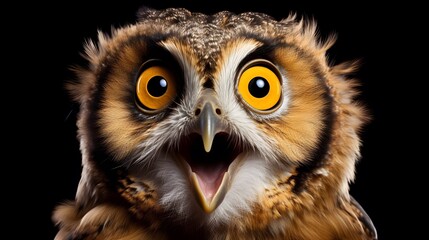 Enchanting Amazement: A Captivating Portrait of a Surprised Owl, Isolated on a Black Background