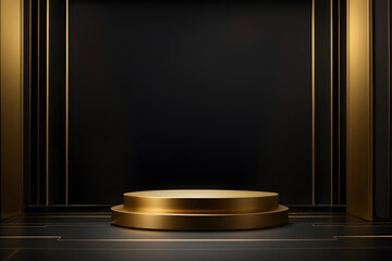 3d render, abstract minimal geometric forms. Glossy golden luxury podium for your design, cosmetic product display