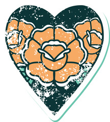 iconic distressed sticker tattoo style image of a heart and flowers