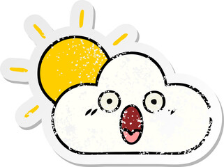 distressed sticker of a cute cartoon sunshine and cloud