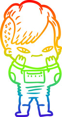 rainbow gradient line drawing of a cute cartoon girl with hipster haircut