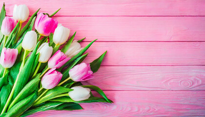 Flowers bouquet tulips on the pink wooden background 