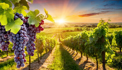 Fototapeta na wymiar Grapes growing in a vineyard at the sunset background