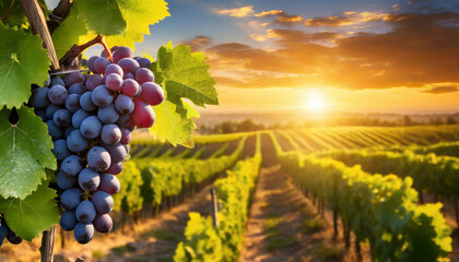 Grapes growing in a vineyard at the sunset background	 - obrazy, fototapety, plakaty