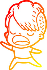 warm gradient line drawing of a cartoon cool hipster girl talking