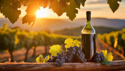 Grapes growing in a vineyard at the sunset background, wine bottle and vines. - obrazy, fototapety, plakaty