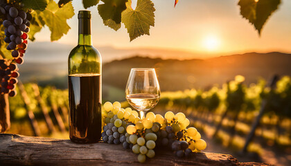 Grapes growing in a vineyard at the sunset background, wine bottle vines and glass wine.