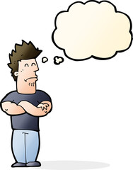 cartoon sulking man with thought bubble