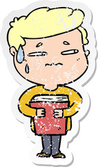 distressed sticker of a cartoon anxious boy carrying book