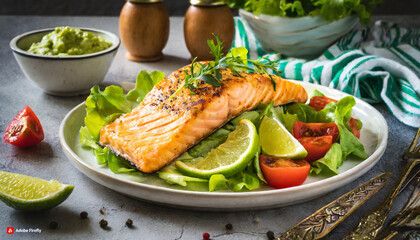 Grilled salmon fish fillet and fresh green lettuce vegetable tomato salad with avocado. 