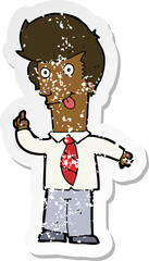 retro distressed sticker of a cartoon office man with crazy idea