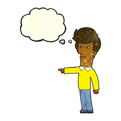 cartoon man blaming with thought bubble