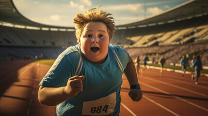 An overweight child is running in the stadium. A running marathon. - obrazy, fototapety, plakaty