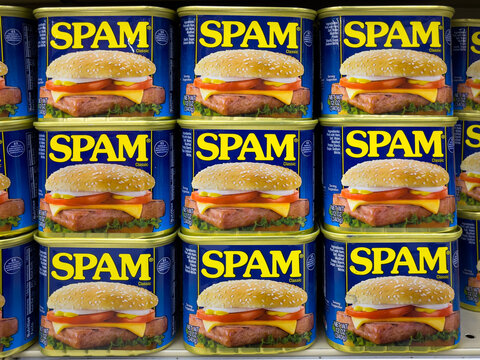 ATLANTA, GEORGIA - DECEMBER 6, 2023 : Spam tinned meat on grocery store shelf at a grocery supermarket. introduced in 1937, Spam is a canned pork and ham product made by Hormel Foods Corporation.