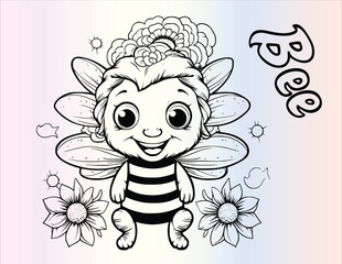 Cute Bee Coloring Page Drawing For Kids