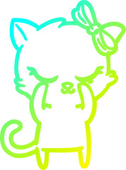 cold gradient line drawing of a cute cartoon cat with bow