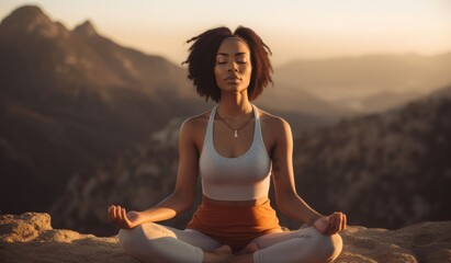 Fototapeta na wymiar Young African American Woman Meditating at Mountain Dusk