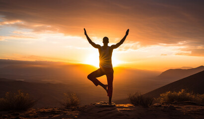 Fototapeta na wymiar Silhouette of Man Practicing Yoga Tree Pose at Mountain Sunset