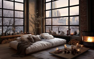 loft-style living room and winter outsi