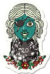 Retro Tattoo Style half orc rogue with natural 20 dice roll