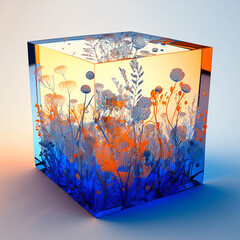 Tropical flowers glass cube resin paperweight picture AI Generated image