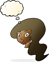 cartoon pretty female face with thought bubble