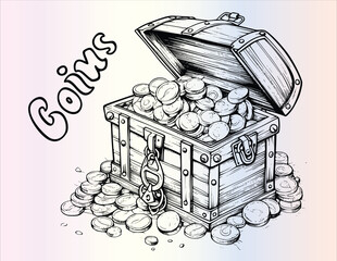 Chest With Coins Coloring Page For Kids