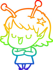 rainbow gradient line drawing of a happy alien girl cartoon