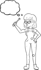 freehand drawn thought bubble cartoon female mechanic