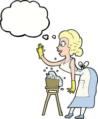 cartoon housewife washing up with thought bubble