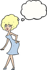cartoon woman posing in dress with thought bubble
