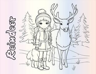 Christmas Girl And Reindeer Coloring Pages Drawing For Kids 