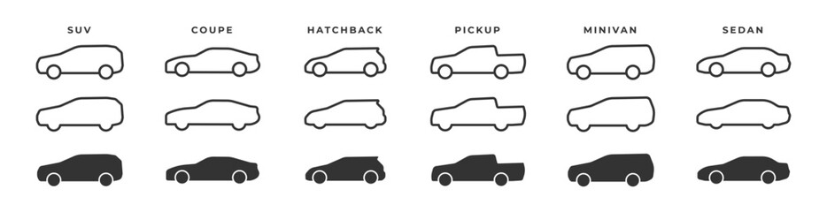 Vehicle Icon Set, SUV, Sedan, Pickup Truck, Minivan, Hatchback, coupe Icons - obrazy, fototapety, plakaty