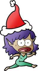 hand drawn gradient cartoon of a shocked elf girl wearing santa hat