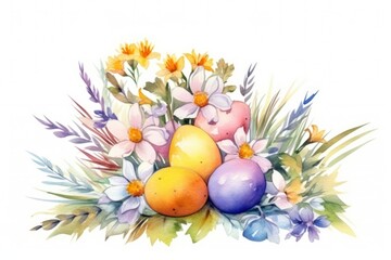 Naklejka na ściany i meble Watercolor illustrations for Easter with colored eggs